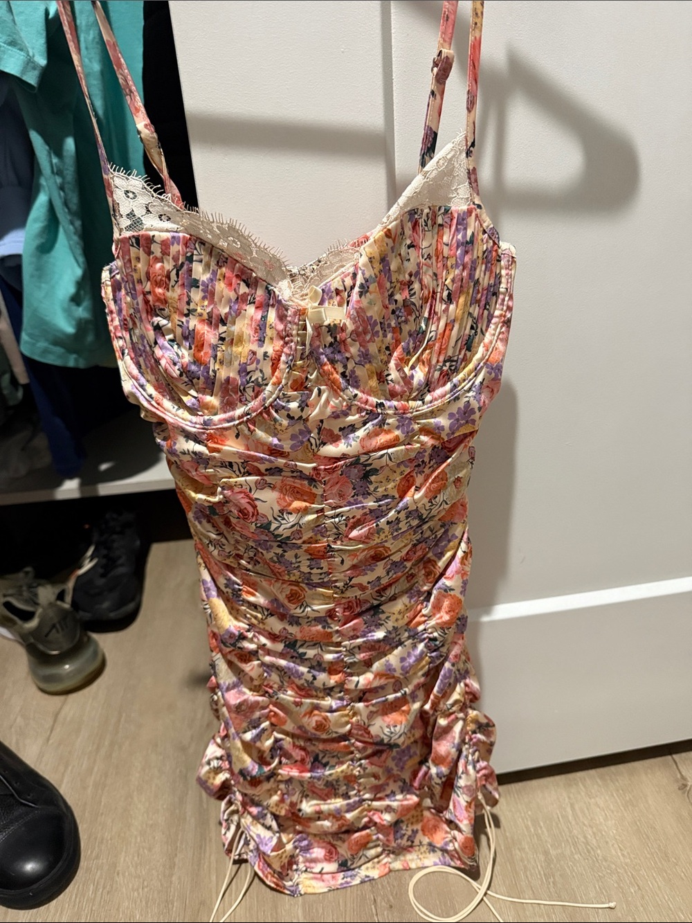For Love & Lemons Floral Ruched Mini Dress in Cream, Pink, Orange, Purple